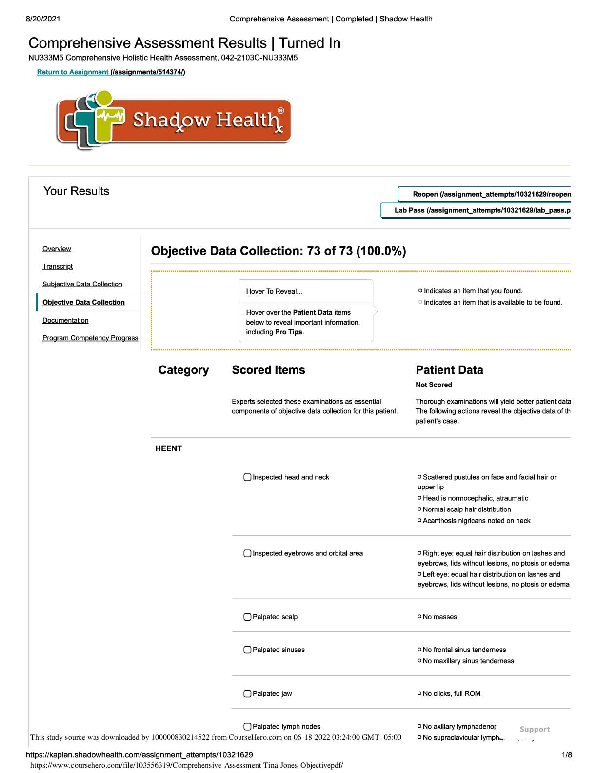 Preview of Comprehensive Assessment- Tina Jones Objective